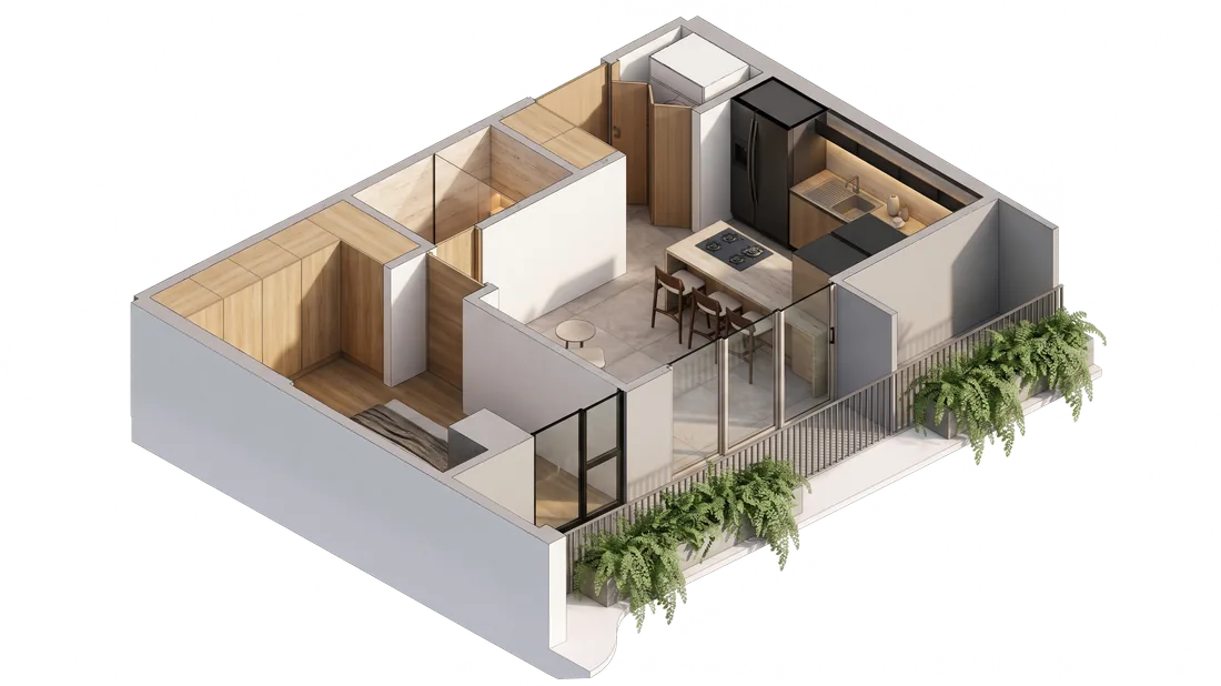 LÍF — axonometría amoblada de la unidad 305, suites