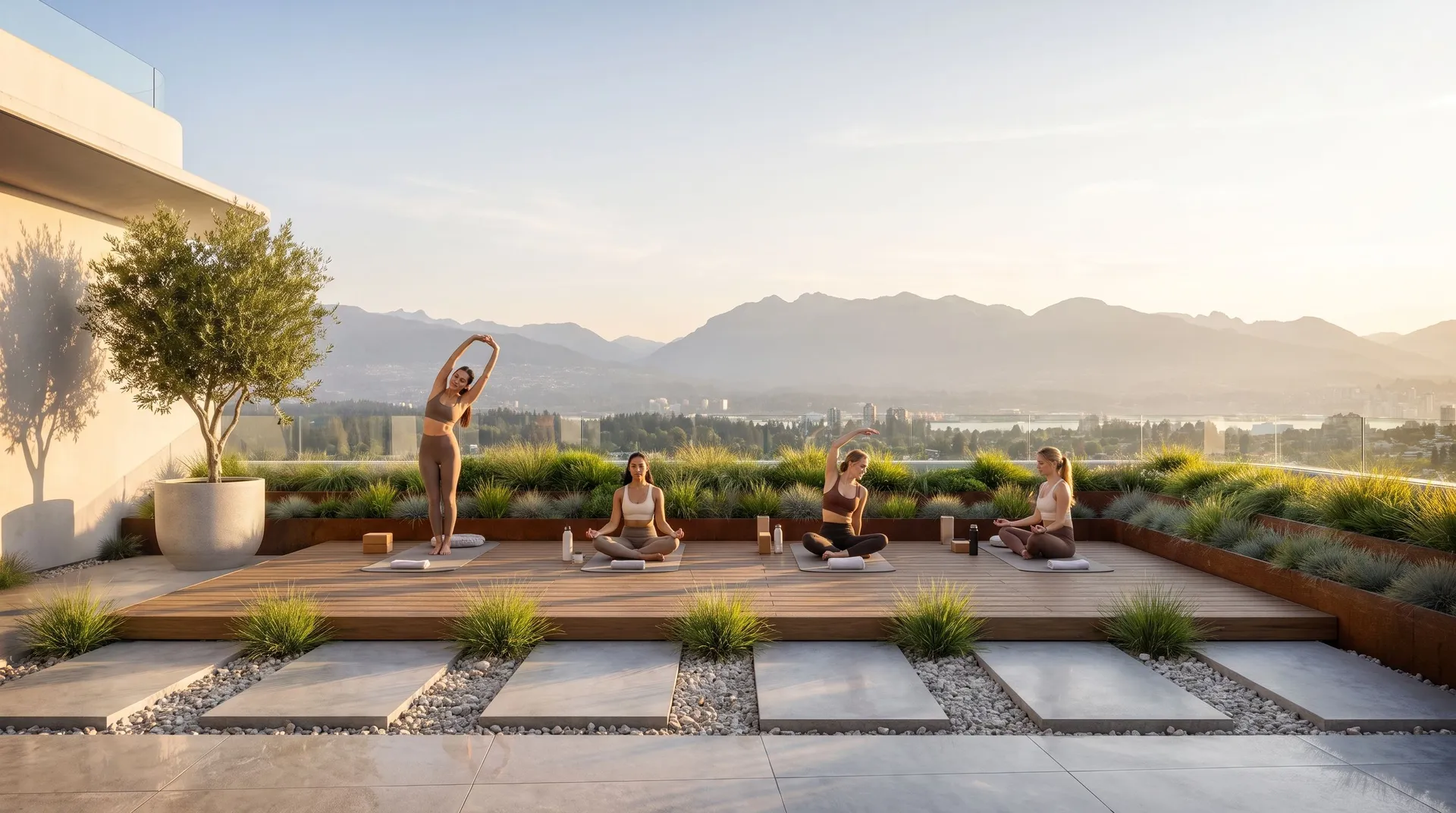 LÍF — la calm zone del rooftop, con esterillas sobre tarima de madera y la ciudad al fondo