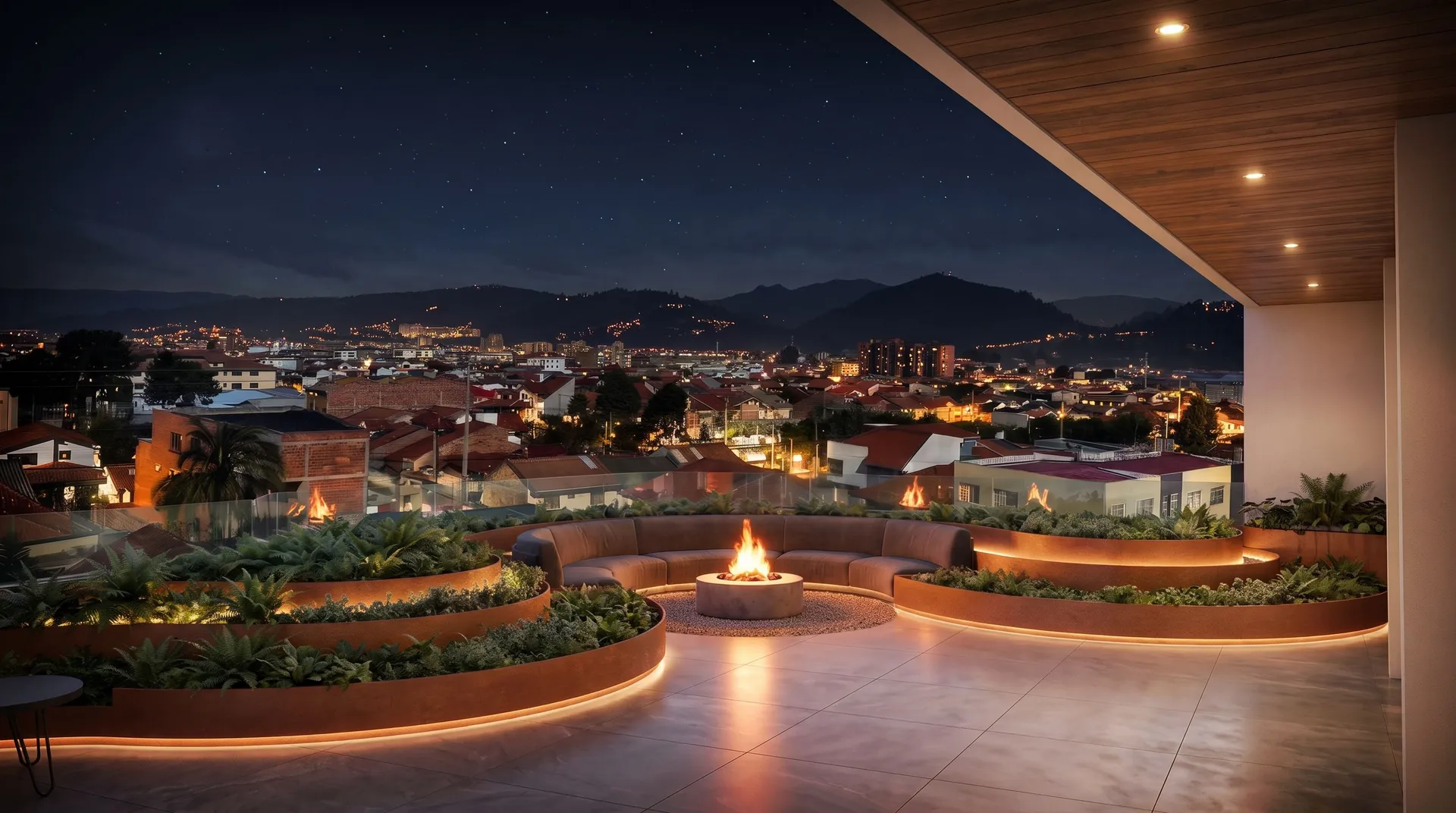 LÍF — la fogata del rooftop encendida de noche, con Cuenca iluminada detrás