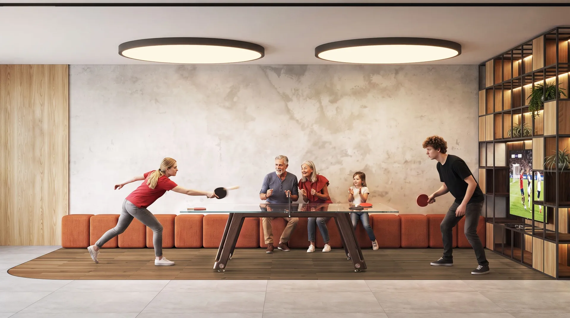 LÍF — game room, con mesa de ping-pong y zona de descanso