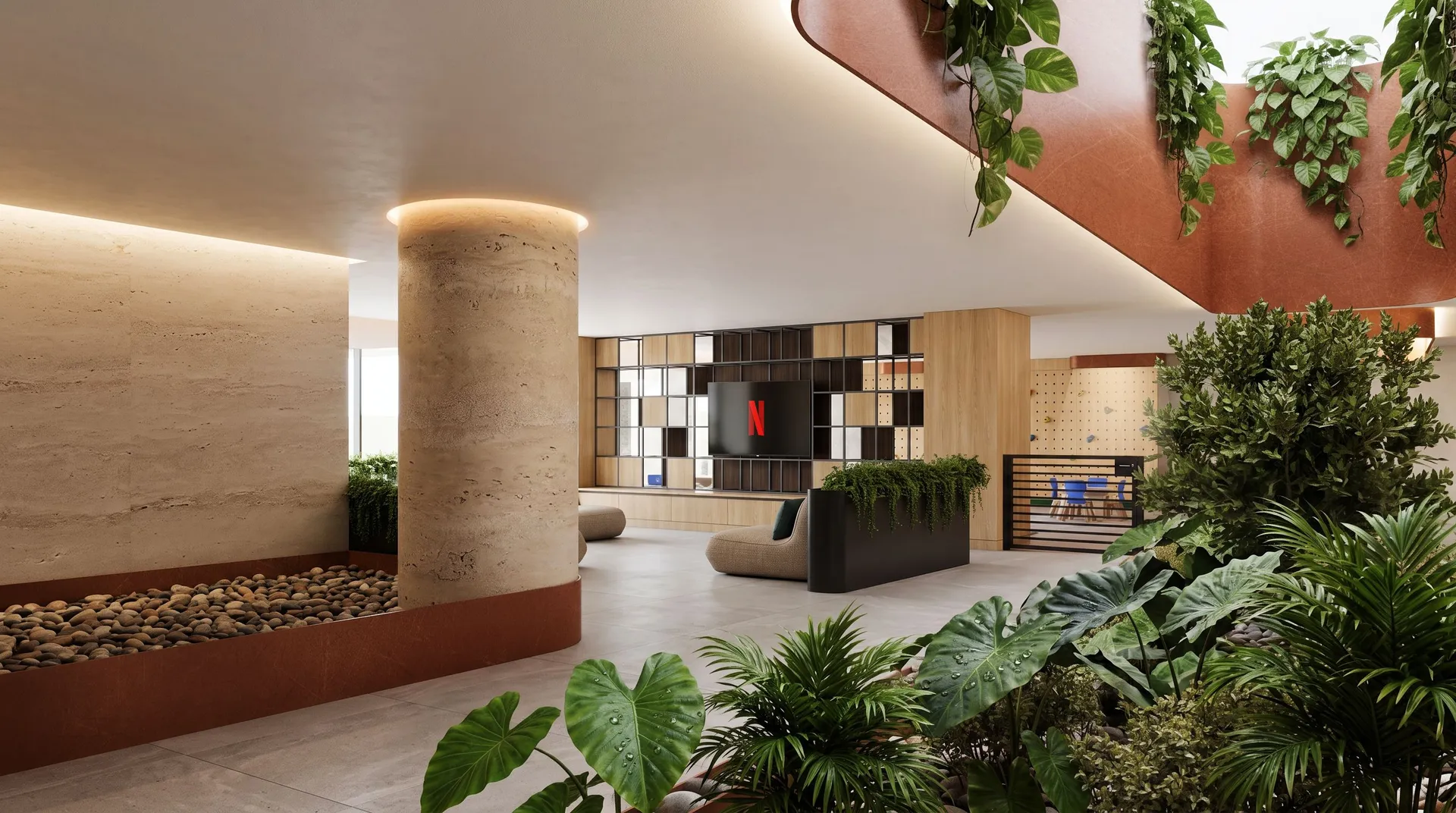LÍF — la lounge zone vista entera, entre las jardineras y la columna de travertino