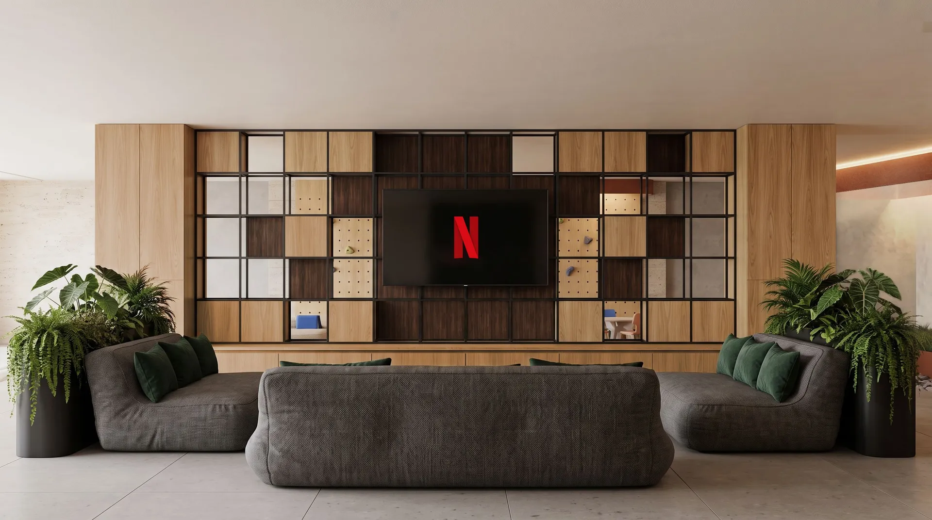 LÍF — la lounge zone, con el mueble de repisas de madera y los sofás