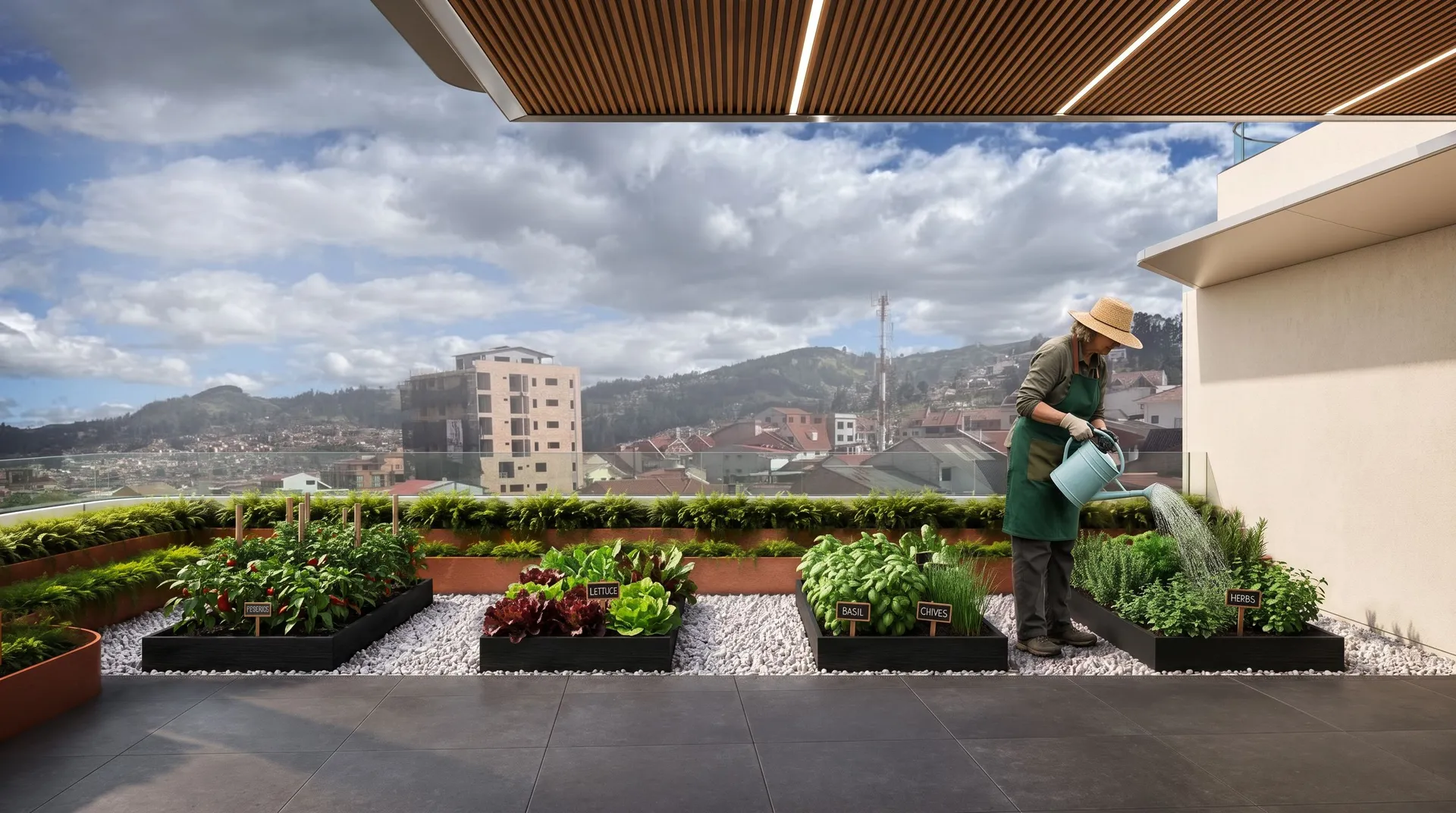 LÍF — la organic zone: bancales de hortalizas y hierbas en la terraza, sobre los tejados de Cuenca