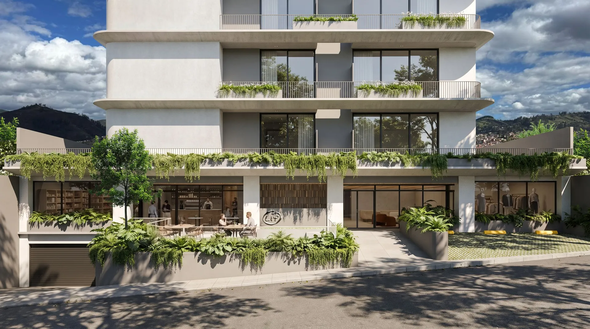 LÍF — la planta baja desde la calle: locales, terrazas y jardineras