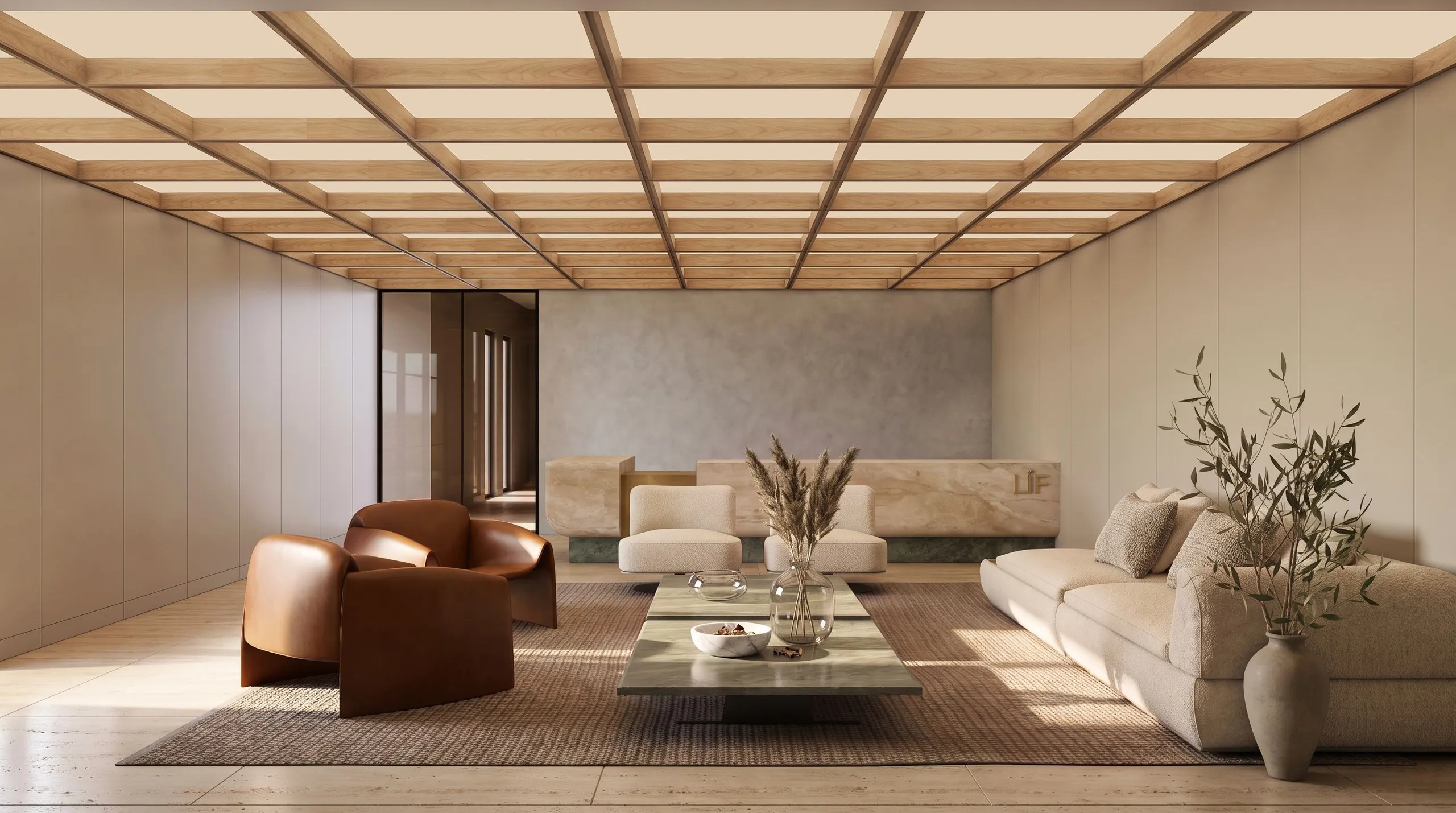 LÍF — el salón del lobby, con el techo de listones de madera